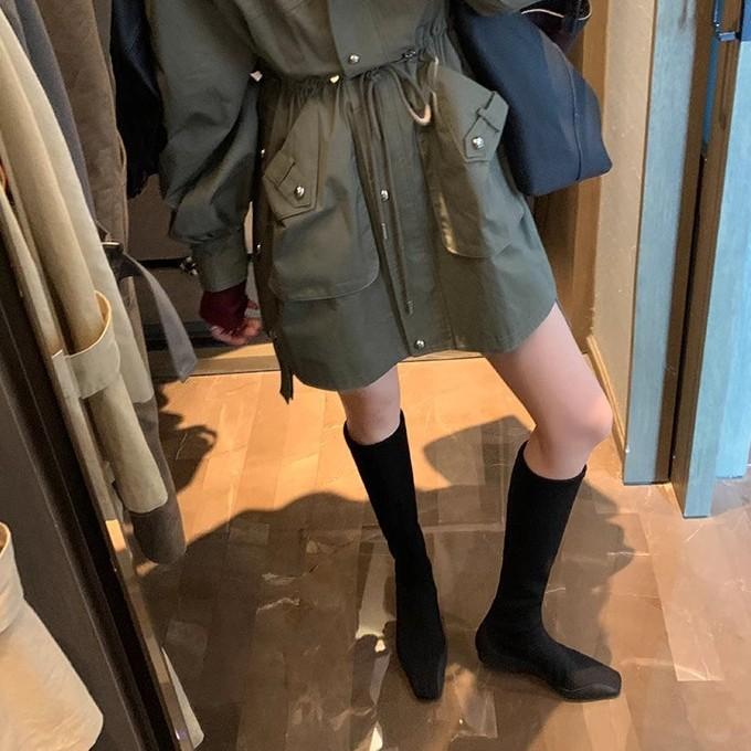 Autumn and winter new fashionable comic legs~ temperament square head flat boots socks boots bag legs medium tube thin boots women