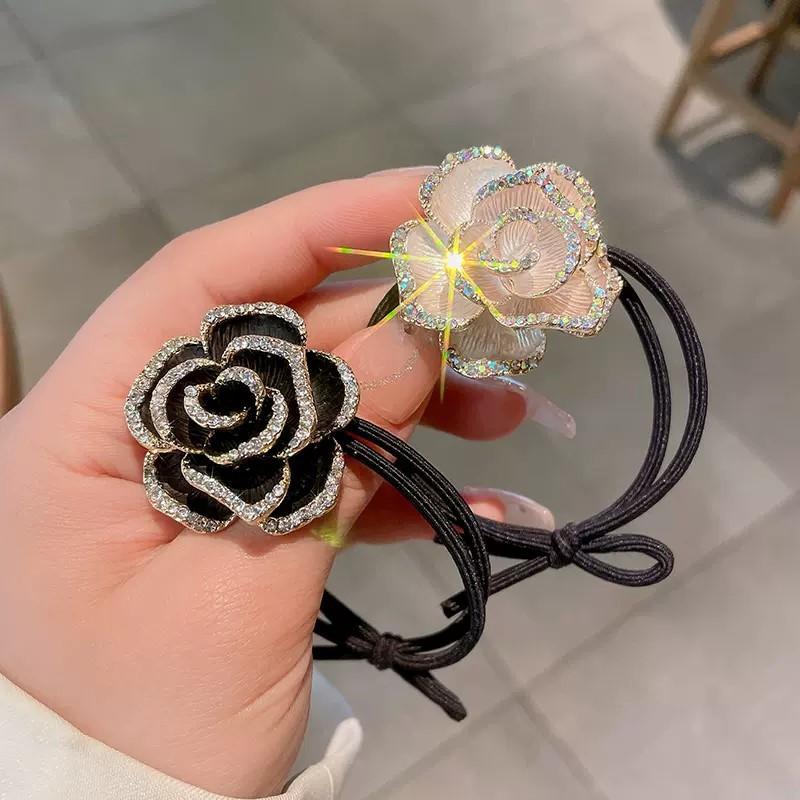 1 Stück Niedliche Blume Rutschfestes Nicht-Ziehendes Haaraccessoire Damen Elastisches Stirnband mit Diamant-Kamelien-Haargummi
