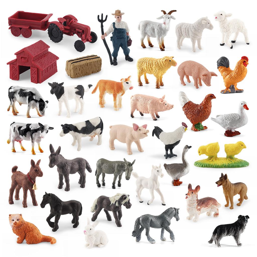 34-delt Mini Gård Fjærkre Dyresett, Statisk Ornament av Kylling, And, Gås, Gris, Hund, Katt, Sau, Hest og Esel Modell