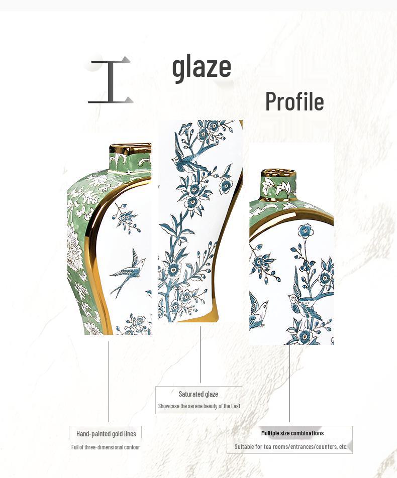 Gilded Blue and White Porcelain Flower Vase - Home Decor Ornament