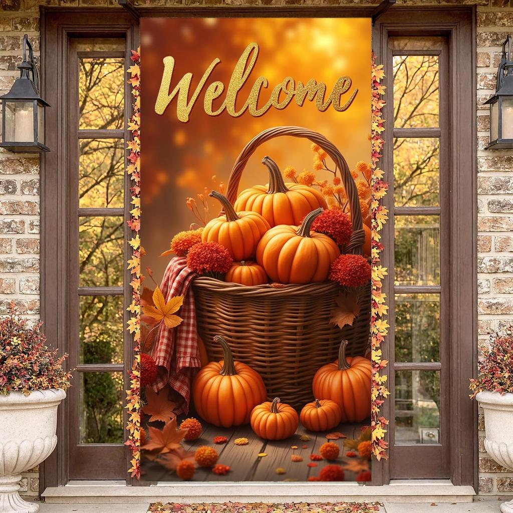 Fall Door Cover, Welcome Autumn Photo Backdrop Happy Fall Door Banner Pumpkin for Farmhouse Autumn Thanksgiving Harvest Festival Decorations and