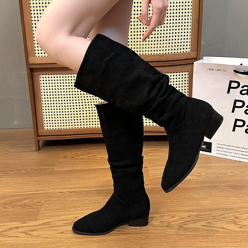 Fashion Boots for Women Spring Autumn Winter Western Cowboy Pointed Toe Brand Suede Leather Knee High Chunky Heel Comfy Walking Shoes