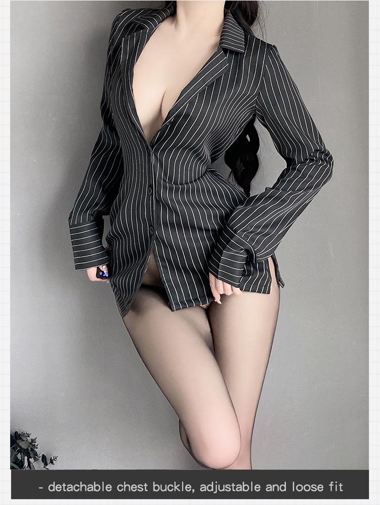 Elegant Striped Secretary Lingerie Set - Black Long Shirt with Removable Details