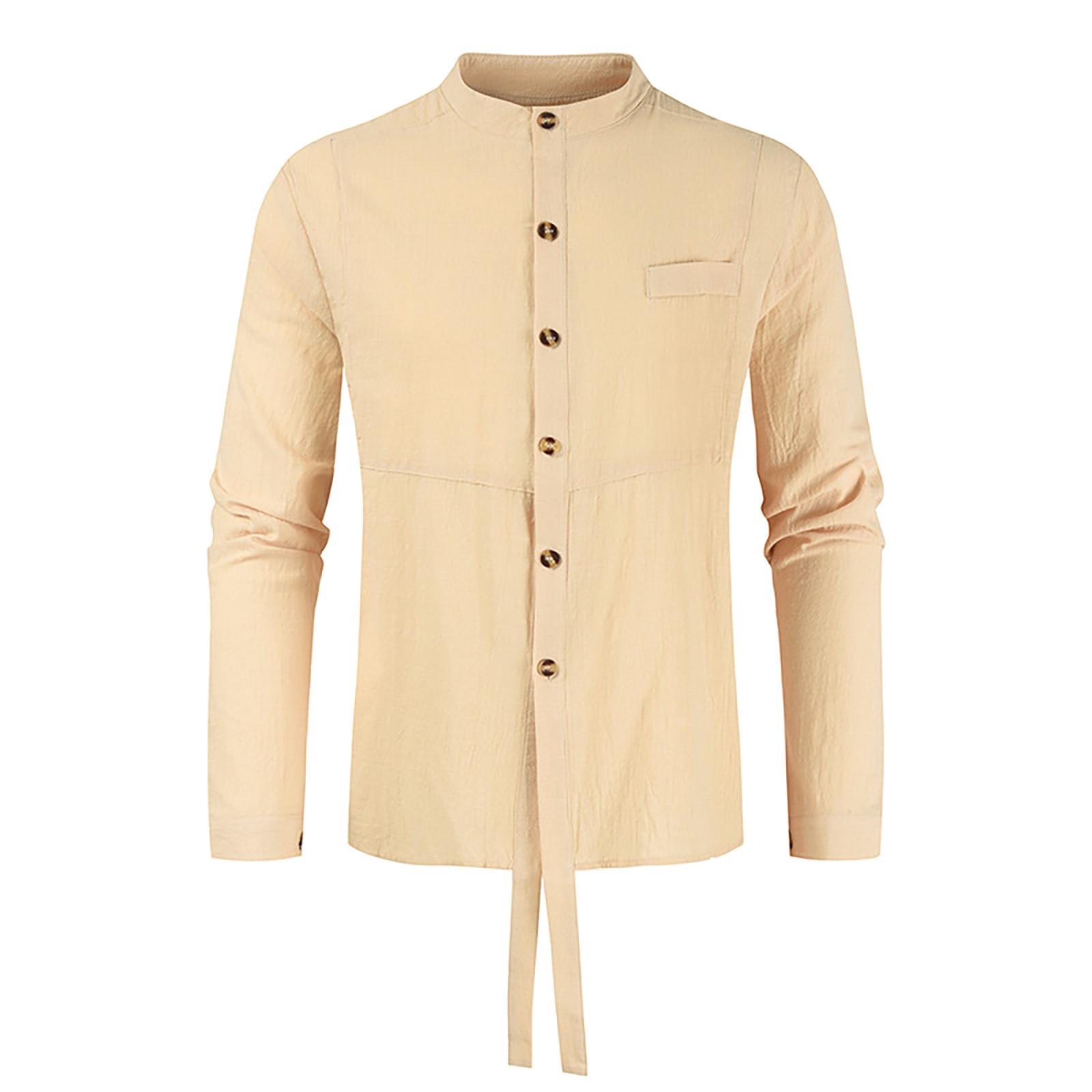 

Мужская весна лето повседневная мода хлопок лен однотонный круглый вырез с длинным рукавом M хаки