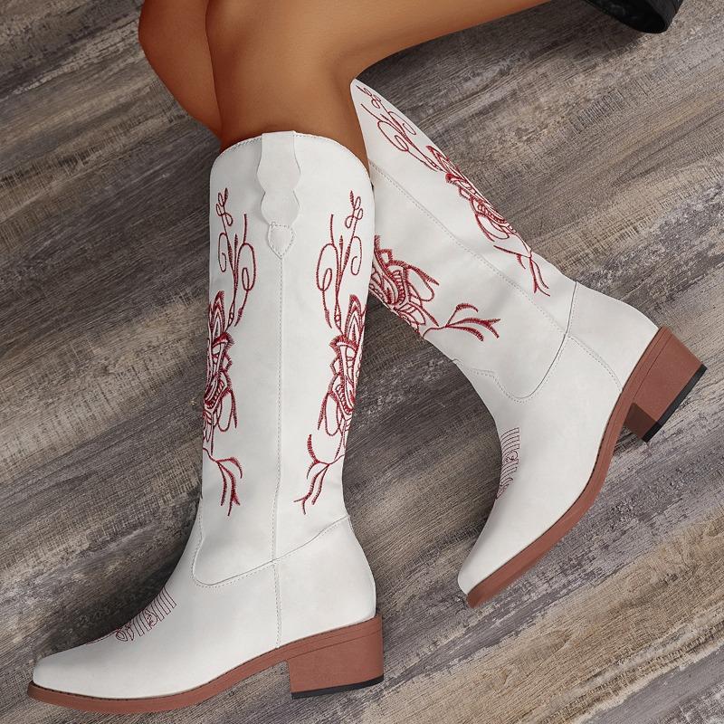 Plus Size Women Embroidered Chunky Heel Knee High Riding Boots