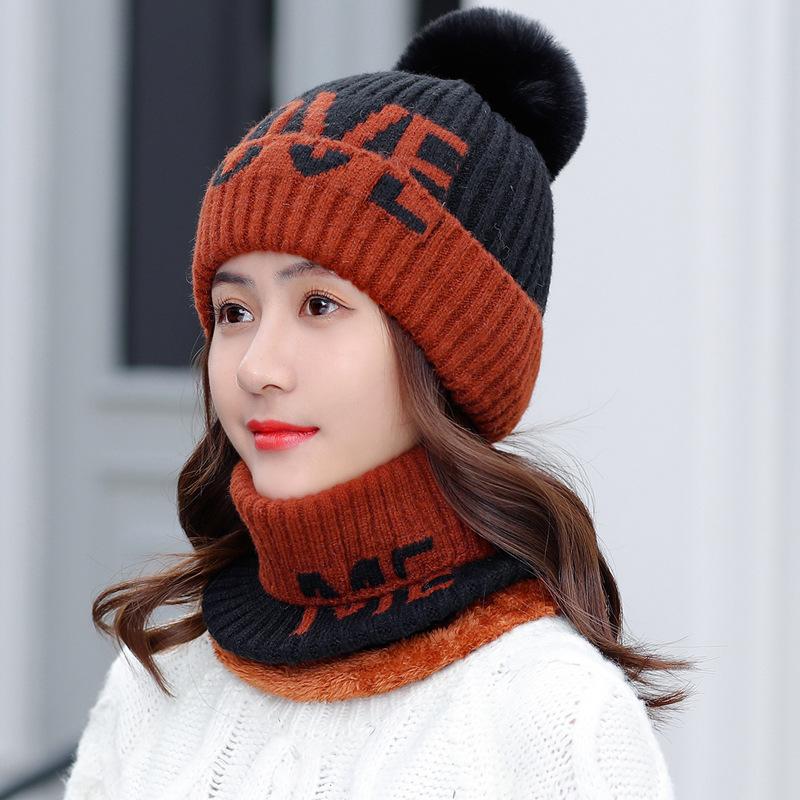 Hat Scarf Set Ladies Winter Fleece Thickened Wool Hat Tide Letter LOVE Knitted Cycling Hat