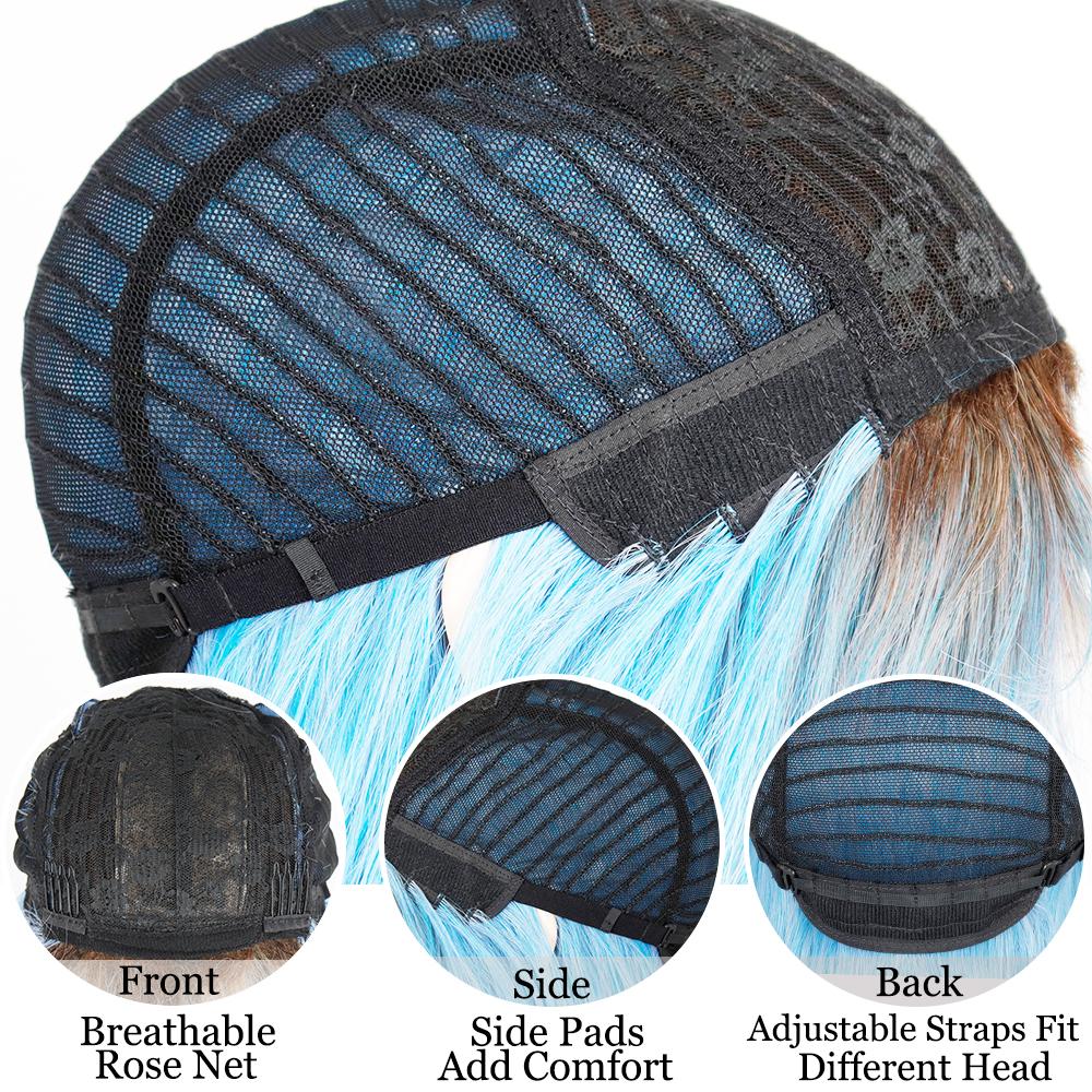 MISS WIG Peruci sintetice lungi, drepte, albastre, fibre de temperatură înaltă, pentru femei, peruci de păr de zi cu zi pentru petreceri, cu breton