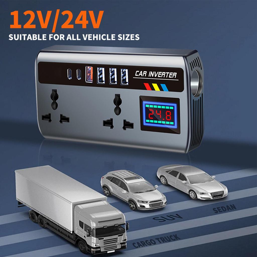 Portable Car Inverter Converter Fast Charging Ports Automotive Charger 12V/24V To 220V Inverter 3 USB Ports Vehicle Accessories