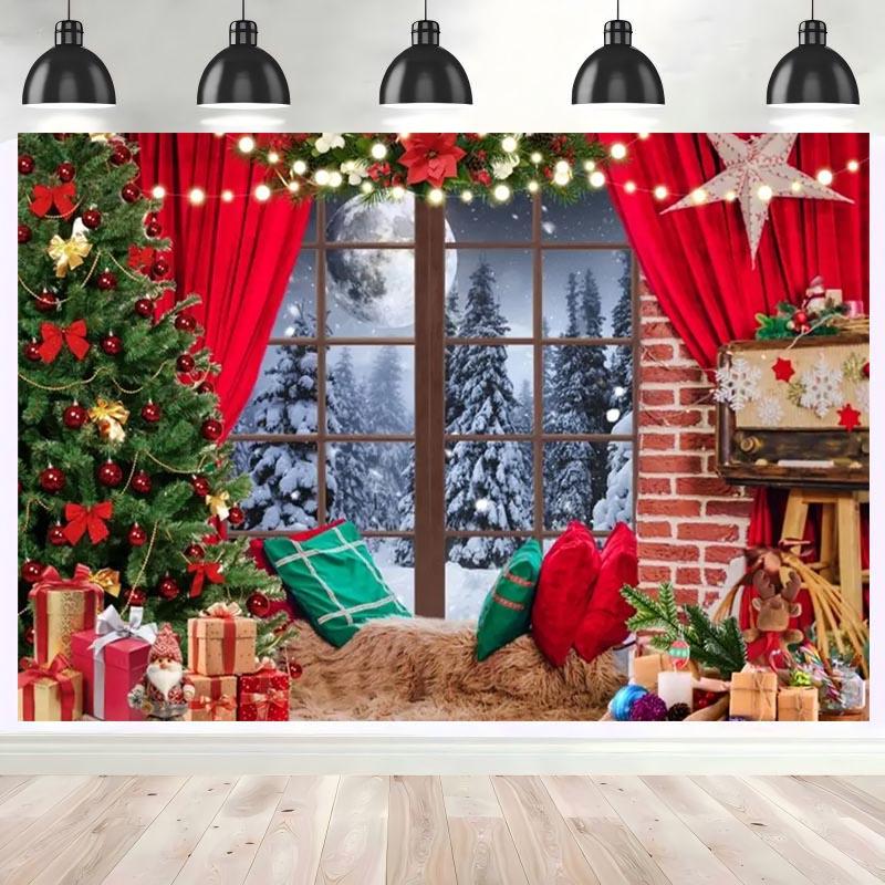 Merry Christmas Backdrops for Photography Winter WindowXmas Tree Holiday Christmas Family Party Decoration Photo Backgrounds