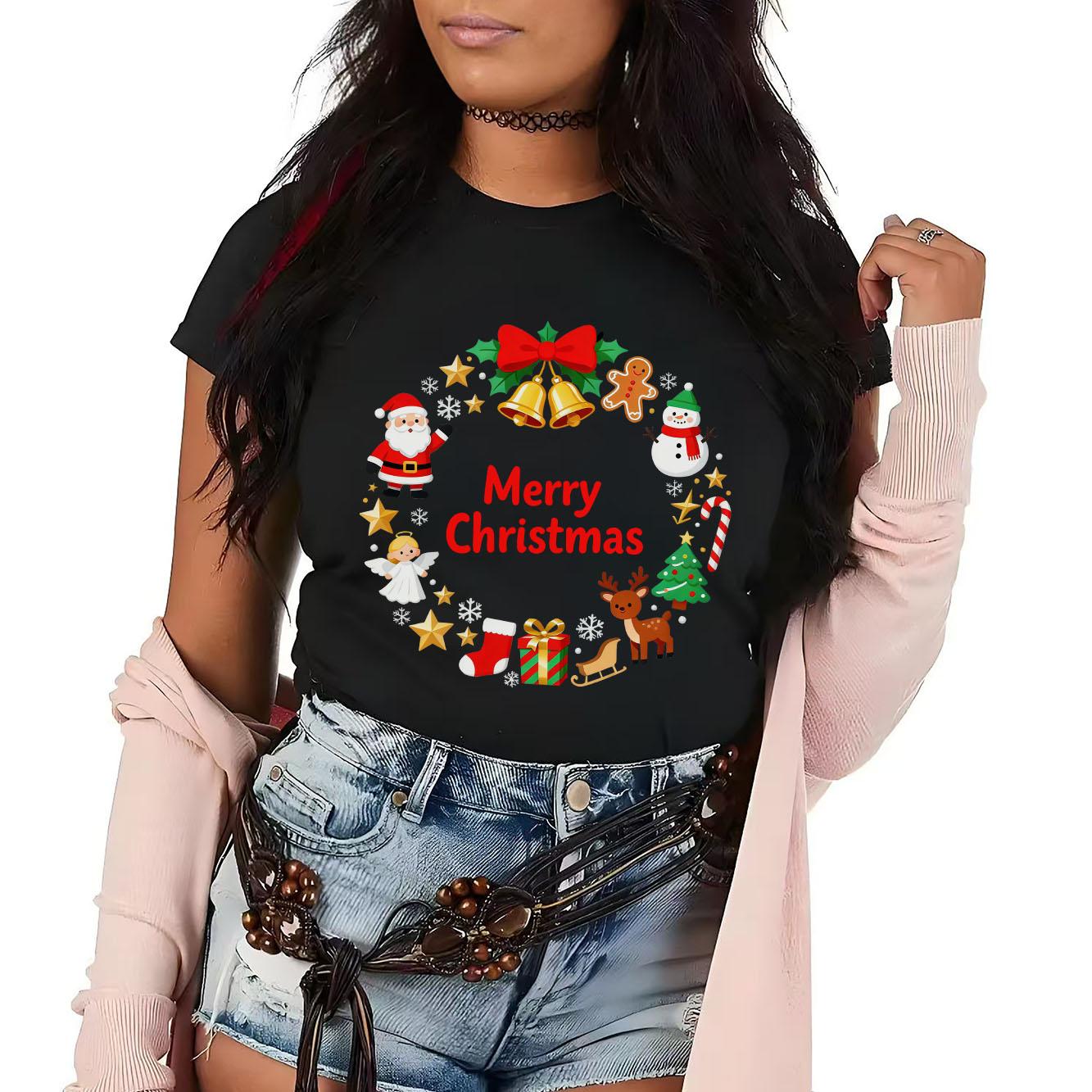 

Trendy Christmas wreath print Womens short sleeved holiday Tshirt with summer round neck versatile for daily use S
