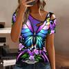 Women Butterfly Print Cold Shoulder Short Sleeve T Shirt Irregular Cutout Neck Casual Summer Blouse Top