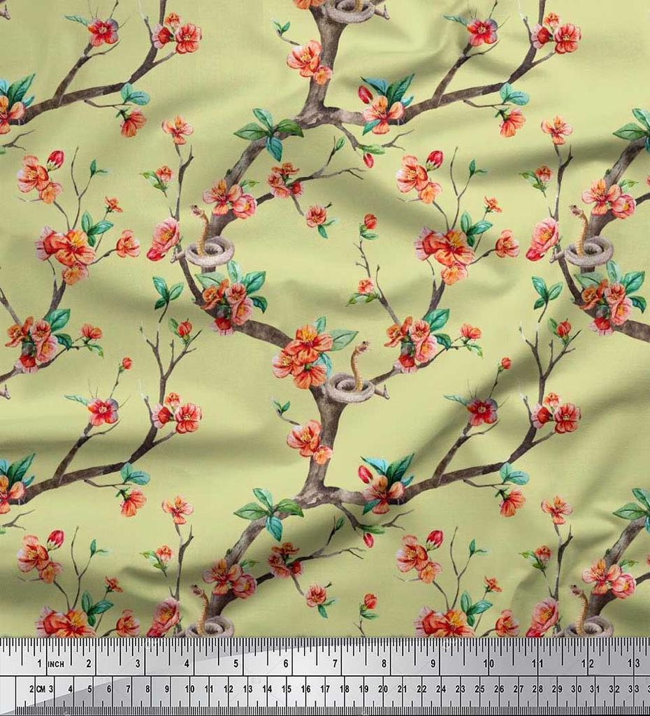 Soimoi Japonská krepová saténová látka Had, listy a květy, květinový potisk v metrech 42 palců