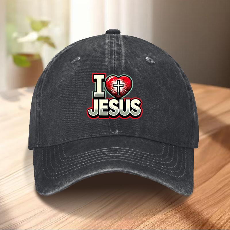 I Love Jesus Christian Cross Print Baseball Cap Adjustable Polyester Casual Faith Hat for Adults