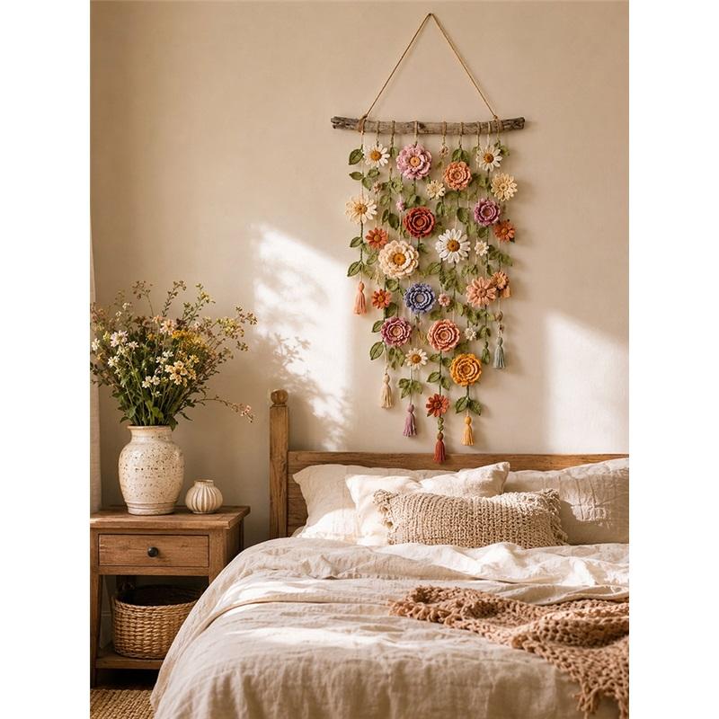Handmade Cotton Floral Crochet Macrame Hanging Soft Artisan Wall Piece Boho Farmhouse Indoor Wall Art Ornament for Home Room