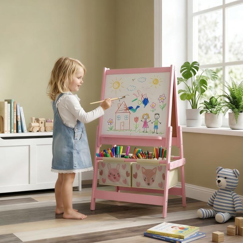 3-in-1 Children's Easel with Paper Roll, Chalkboard, Whiteboard, Storage Baskets, 54 X 46.5 X 93 Cm, Pink