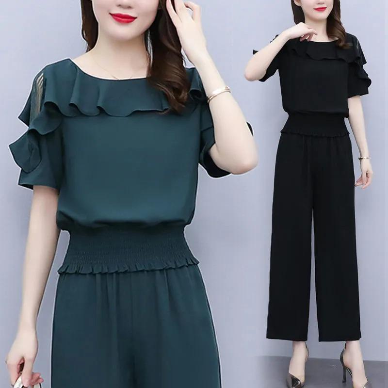 Women's Summer Suit Waistband Lace Openwork Off The Shoulder Short Sleeve Tops Wide Leg Pants 2 Two Piece Set for Women