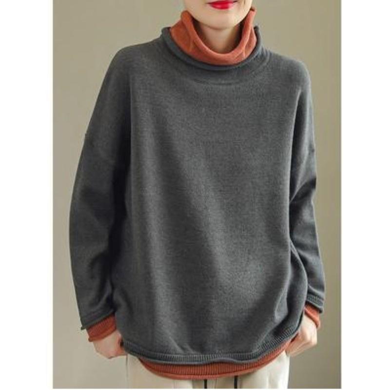 Women's Fall/Winter Vintage Color-Block Pullover Sweater Loose-Fit Casual Knit Sweater