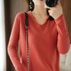 Women's Cotton V-neck Long Sleeve Knit Top - Slimming, Versatile, Solid Color for Spring & Autumn