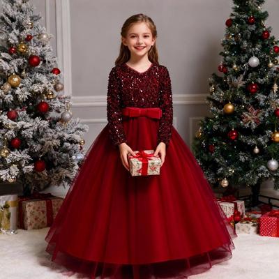 Girls' Long Sleeve Sequin Evening Gown for Banquets