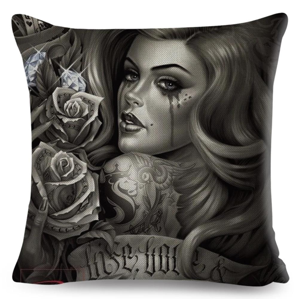 Mexico Chicano Sexy Women Skull Pillow Case Decor Cartoon Printed Girls Cushion Cover for Sofa Home Car Polyester 45*45cm