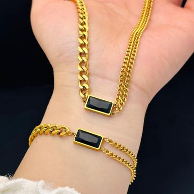 Schwarzes Quadrat Luxus Titanstahl Schmuckset: Armband, Halskette & Ohrringe
