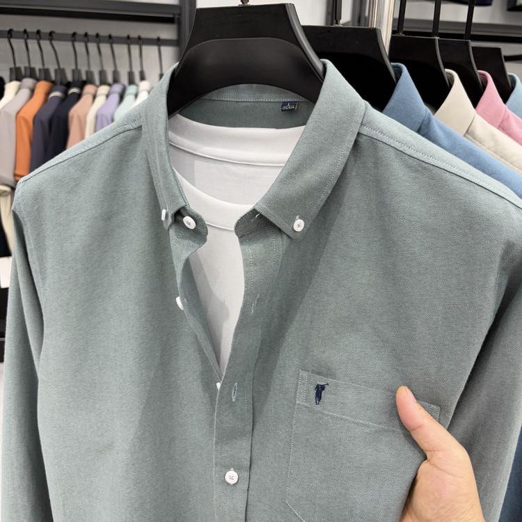 Men's High-End Embroidered Long-Sleeve Solid Color Shirt with Pockets for Spring and Autumn - Business Casual and Versatile