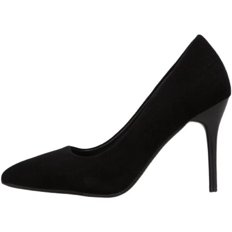-4 large size high heels women's spring and autumn new black thin heel pointed light mouth suede professional work shoes