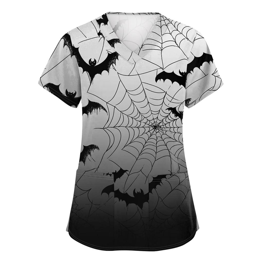 Women's Fashion V-neck Short-sleeved Work Uniform With Pockets, Halloween Print Top