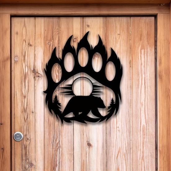 Farmhouse Style Wall Art Metal Hollow Out Bear Art, Rustic Forest Landscape Hanging Sculpture with Paw Handmade Wooden Decoration Prints,
