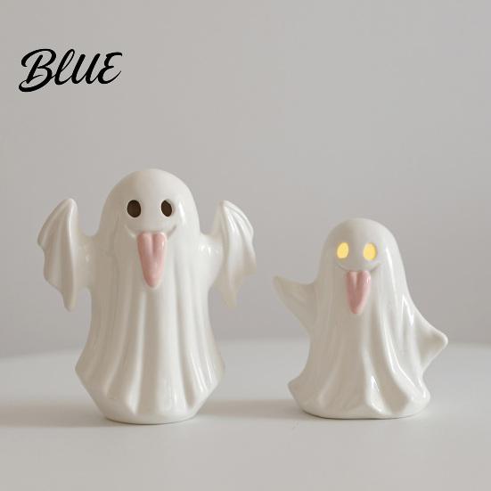 Gift for Halloween Party Light Up Ceramic Ghost Figurines Decor Cute White Statue Decorative Sculpture with Pink Tongue LED Night Home Table Office