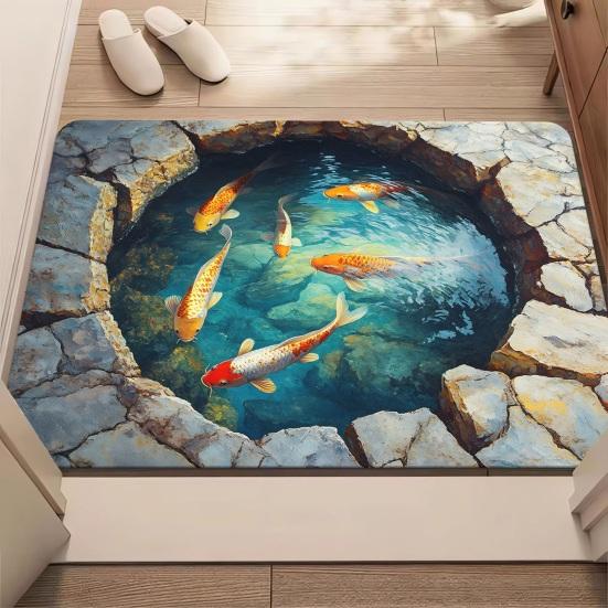 3D Optical Illusion Fish Area Rug Realistic Ground Crack Floor Carpet Non Slip Indoor Doormat for Living Room Bedroom Entryway Bath