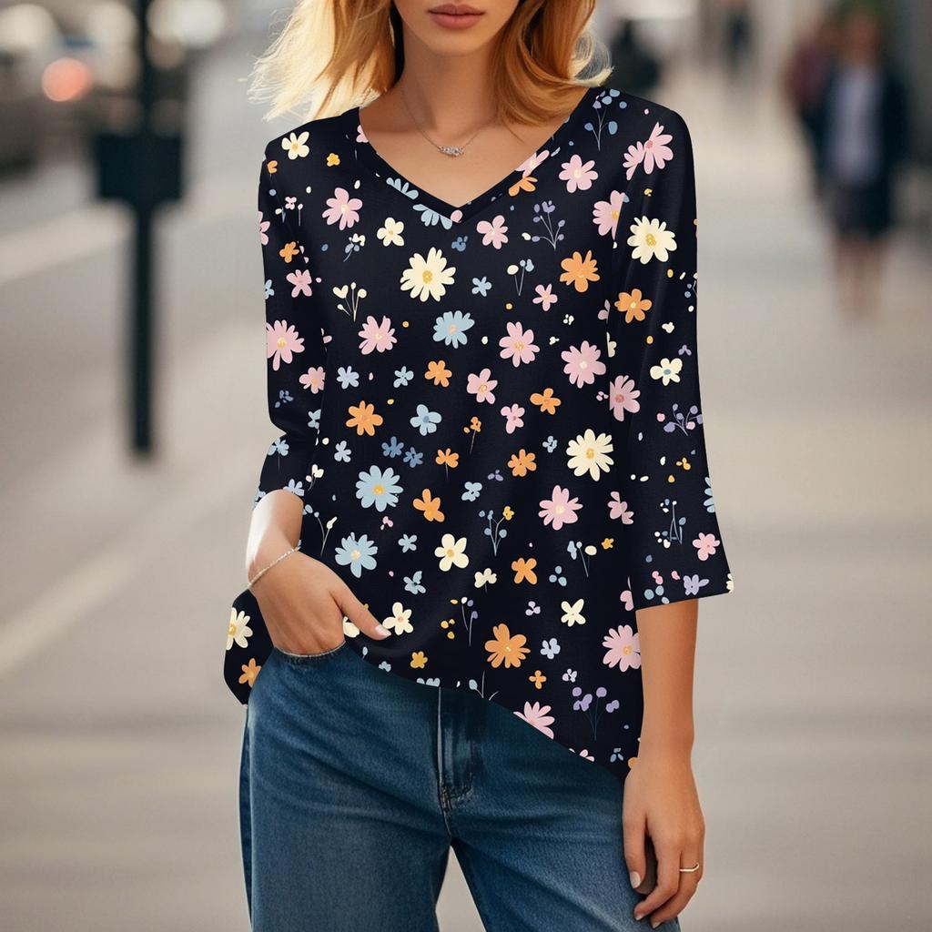Dámské topy s výstřihem do V a 3/4 rukávem, ležérní košile střední délky, módní tuniky s potiskem