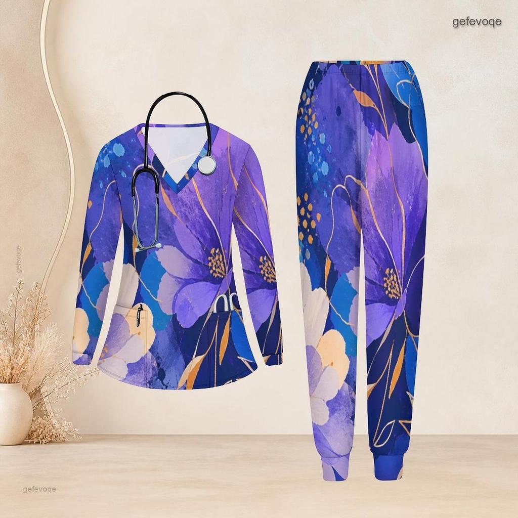 Women Plus Size Printed Nurse Scrub Set V Neck Long Sleeve Top And Pants With Pockets