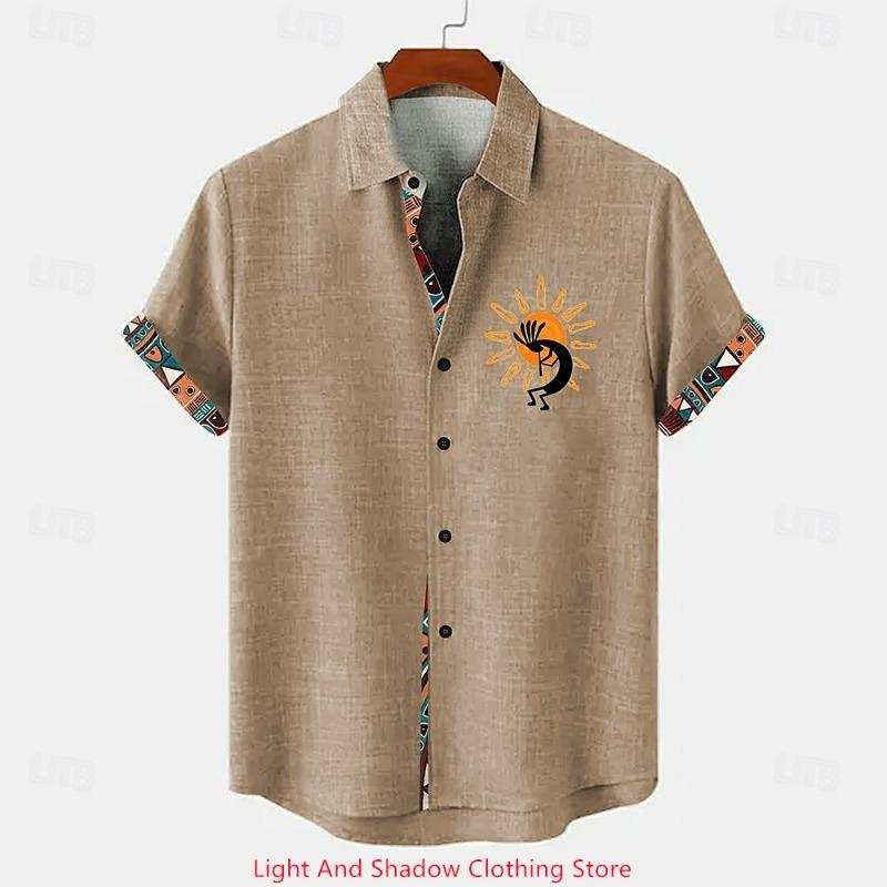 

Men s summer short sleeved linen shirt Hawaii casual men s lapel button printed linen top ethnic clothing shirt XS-5XL S