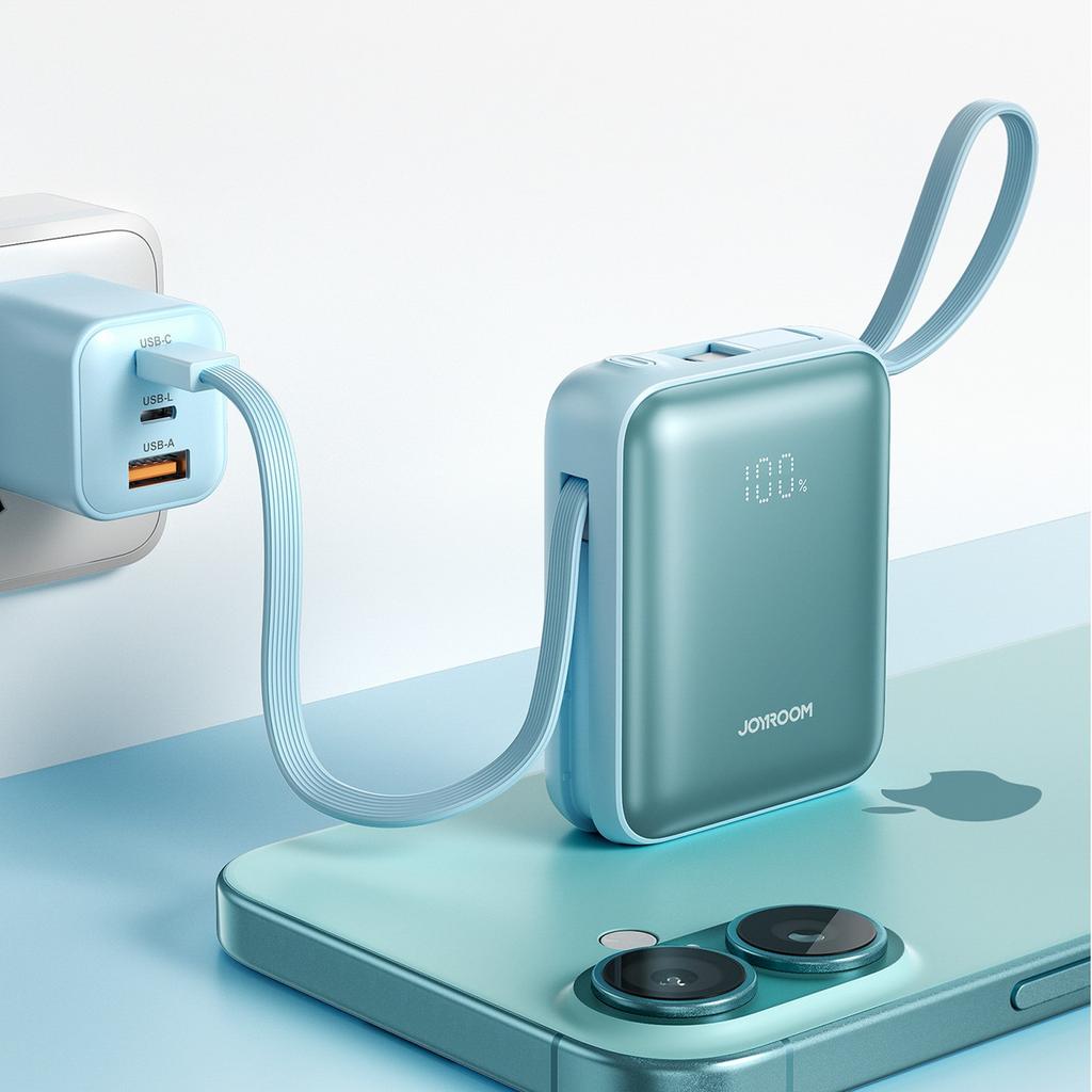 Powerbank 10000mAh 22,5W mit eingebauten Kabeln - blau