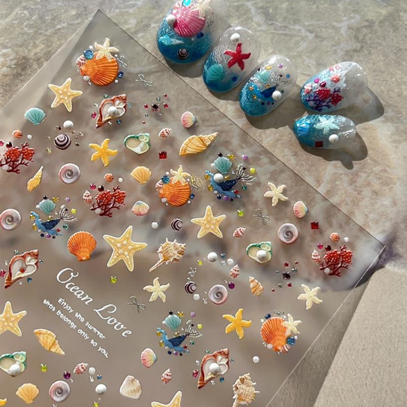 Relief Shell Starfish Nail Stickers Cute Starfish Decorative Stickers For Nails Diy 3D Self Adhesive Summer Nail Decals