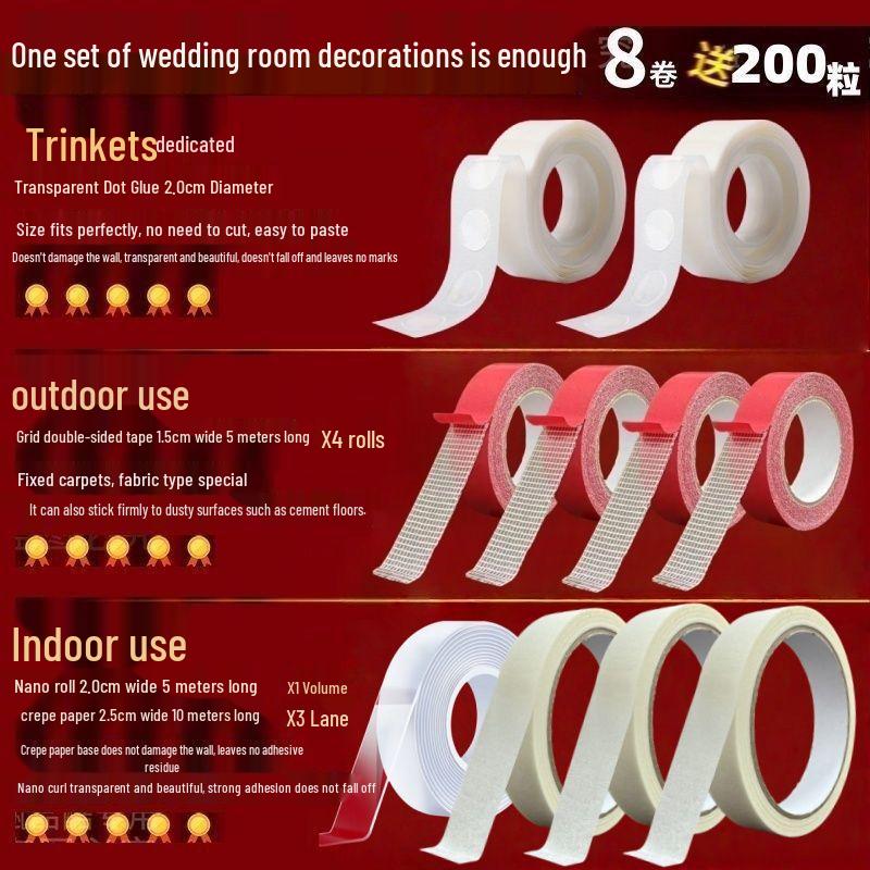 Wedding Room Decor: No-Trace Transparent Masking Tape & Nano Glue Dots for Damage-Free Arrangement