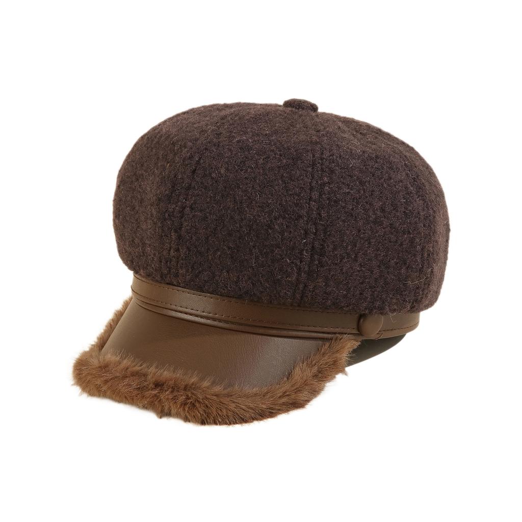 Thickened Plush Octagonal Hat Children'S Season Leather Brim Newsboy Hat Versatile Face Ducktongue Beret