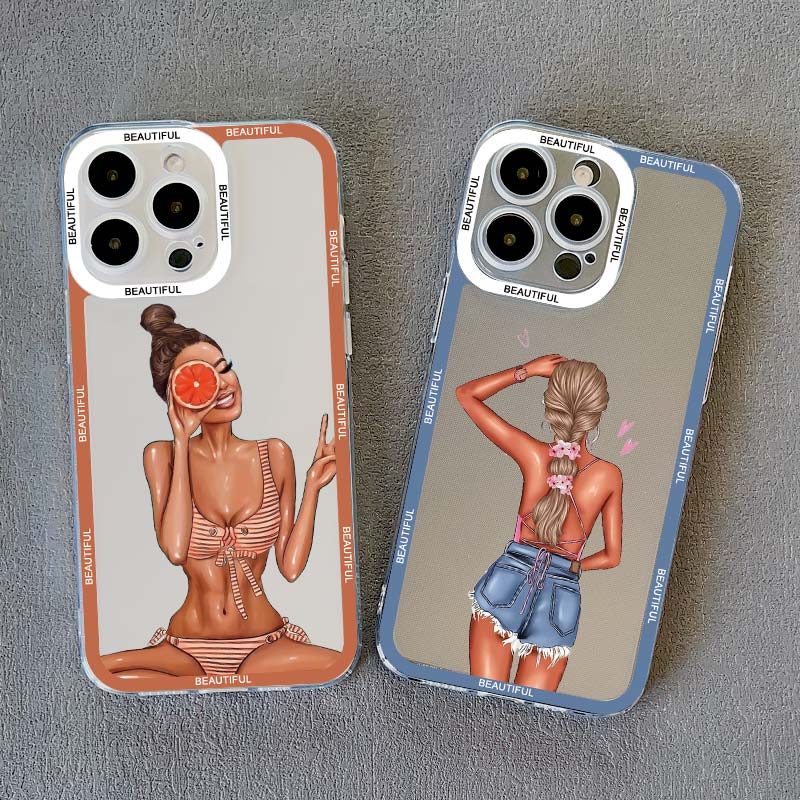 Clear Fashion Girls Woman Lady Phone Case for iPhone 15 14 13 12 Pro Max 11 XR X XS 13 12 SE 7 8 Plus Cover Transparent Funda
