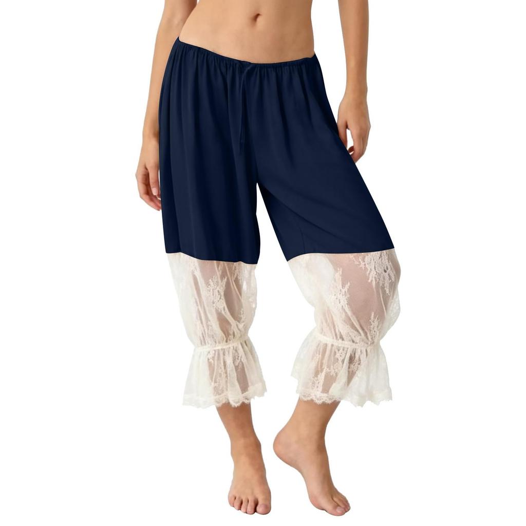 Women Ruffle Lace Trim Capris Low Cropped Pants Vintage Casual Pantaloons Pant