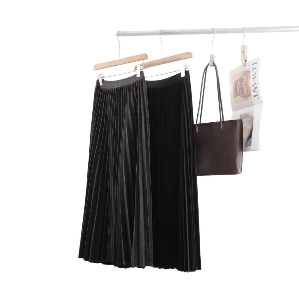 Autumn & Winter High-Waisted Pleated Wool Skirt - Versatile Slimming Mid-Length with Wide Hem.