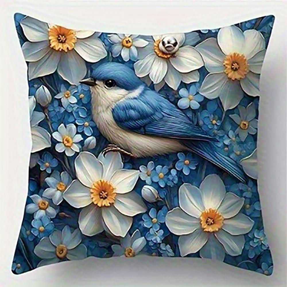 Blue Birds And Flowers Pillowcase Suitable For Sofa Car Bedroom Decorative Cushion Cover Pillow Cover