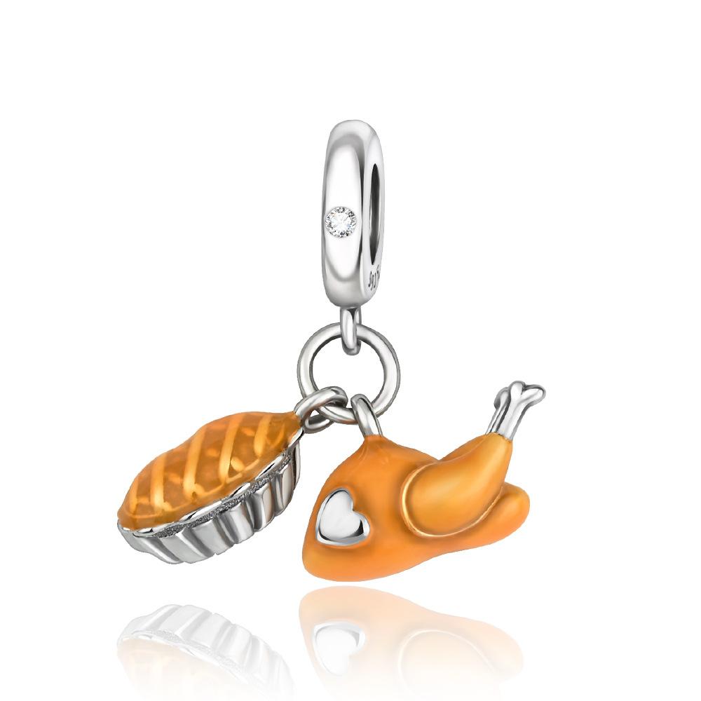 S925 Silver Creative French Fries Pizza Beaded Pendant DIY Handmade Jewelry Accessories Fashion Gift For Women