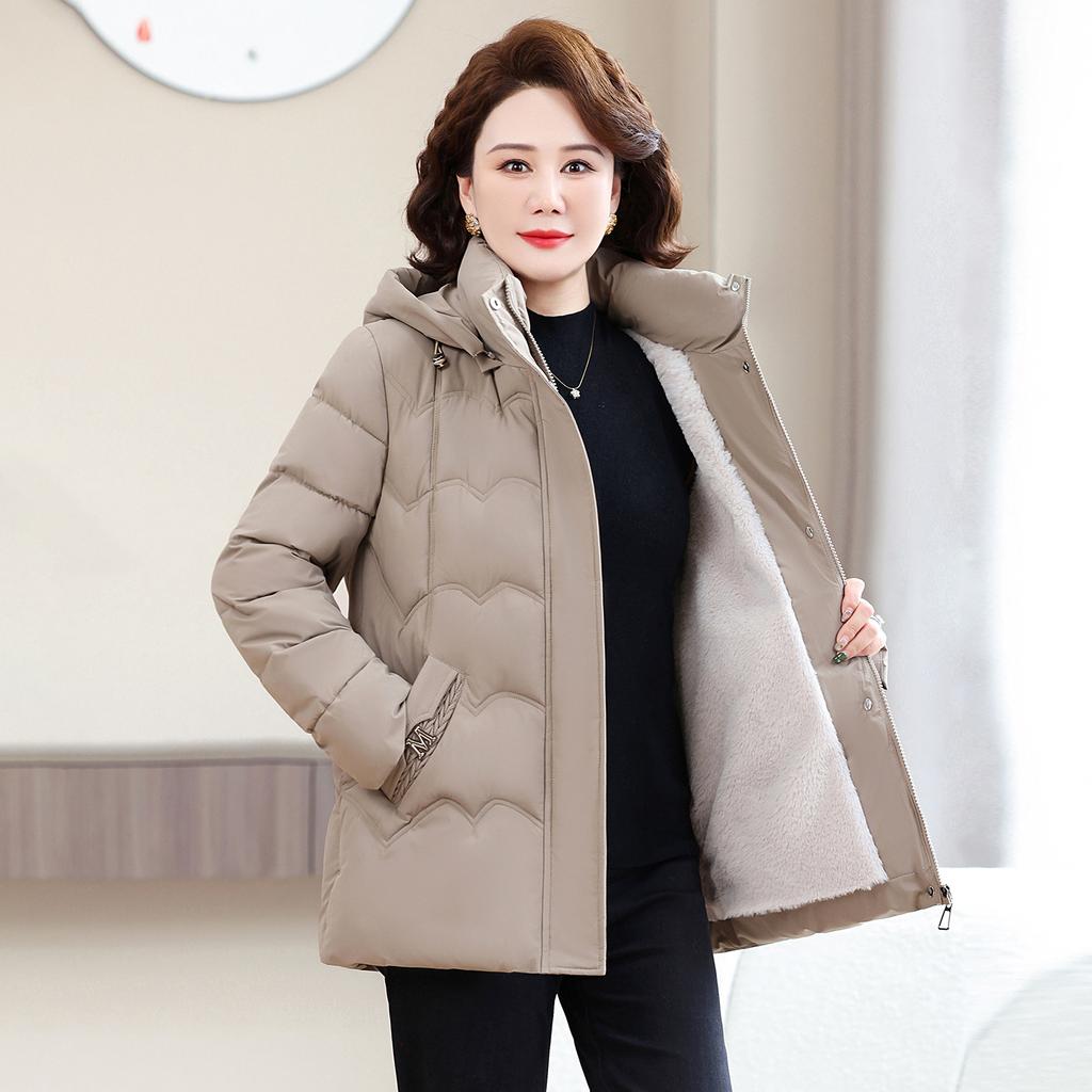 Mom's winter removable hat with cotton thickened warm cotton clothes middle-aged and elderly fashion solid color loose coat