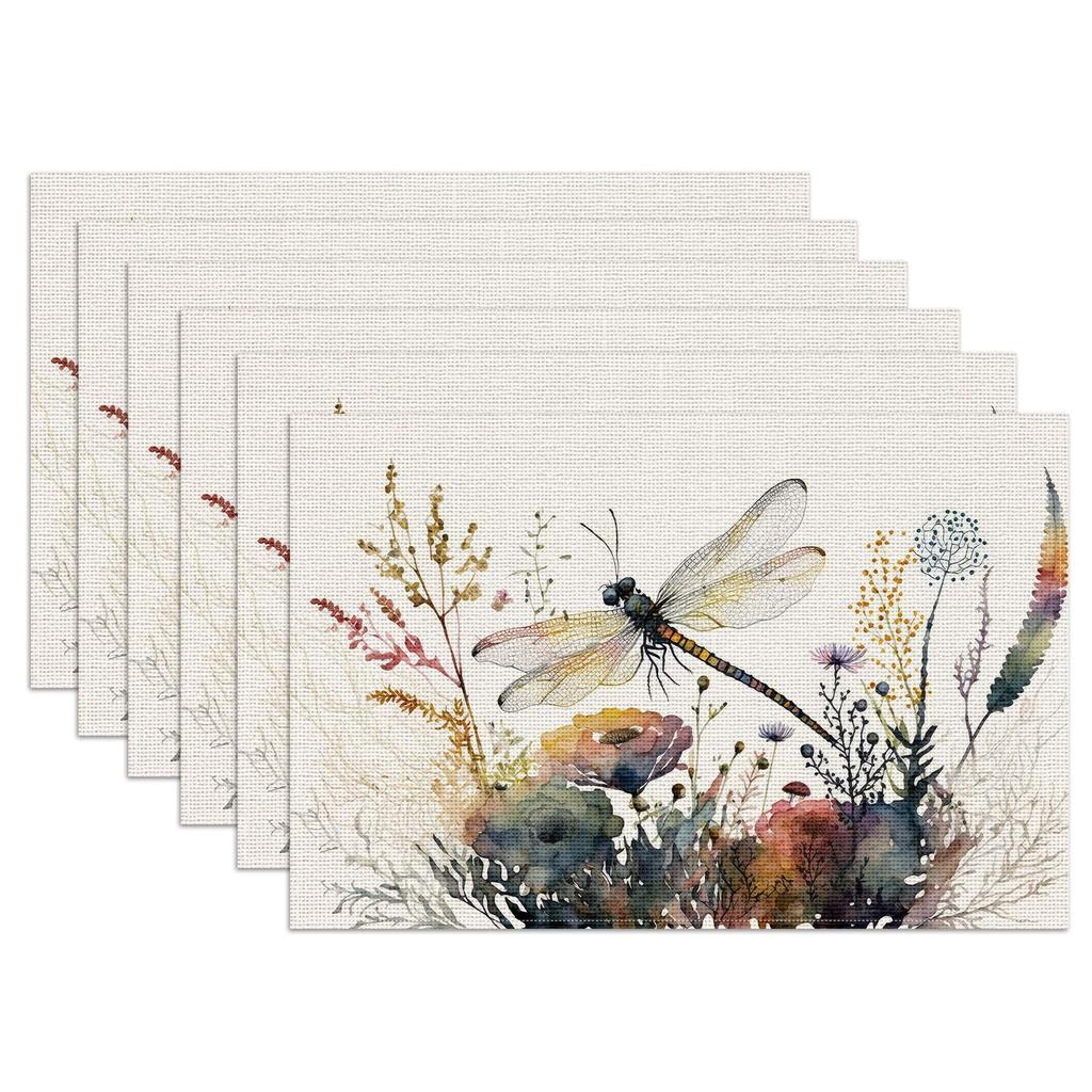 Spring Blue Leaves Placemats Set of 6,12x18 Inch Eucalyptus Leaves Linen Place Mat Washable Stain Resistant Table Mats