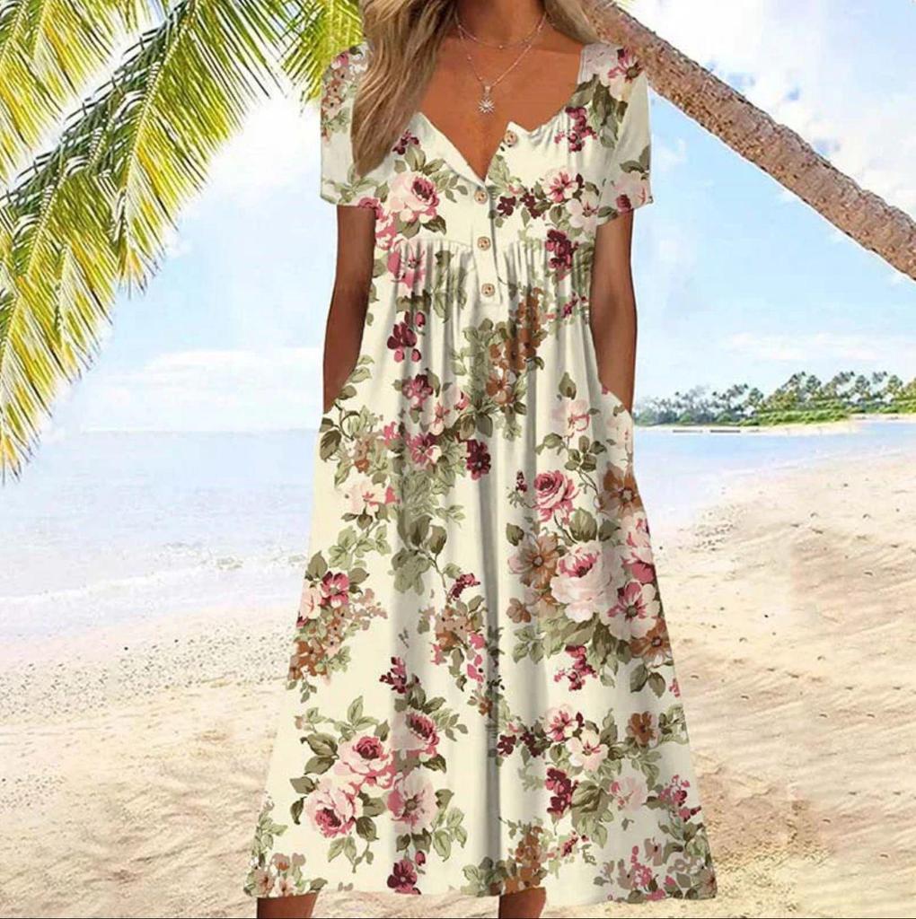 Buttoned Maxi Dress with Pocket Printed Cardigan Style Womens Dress