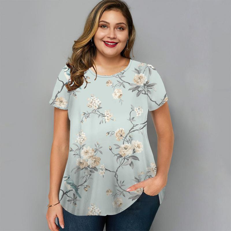 Summer O-Neck Womens T-Shirt Oversized Clothes Harajuku Casual Loose Top Floral Print Funny T-Shirt for Ladies Pullover Street