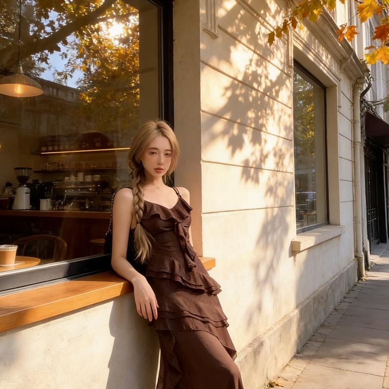 Women's Ruffle V-Neck Spaghetti Strap Summer Dress - Irregular Hem, Waist-Cinching A-line for Vacation