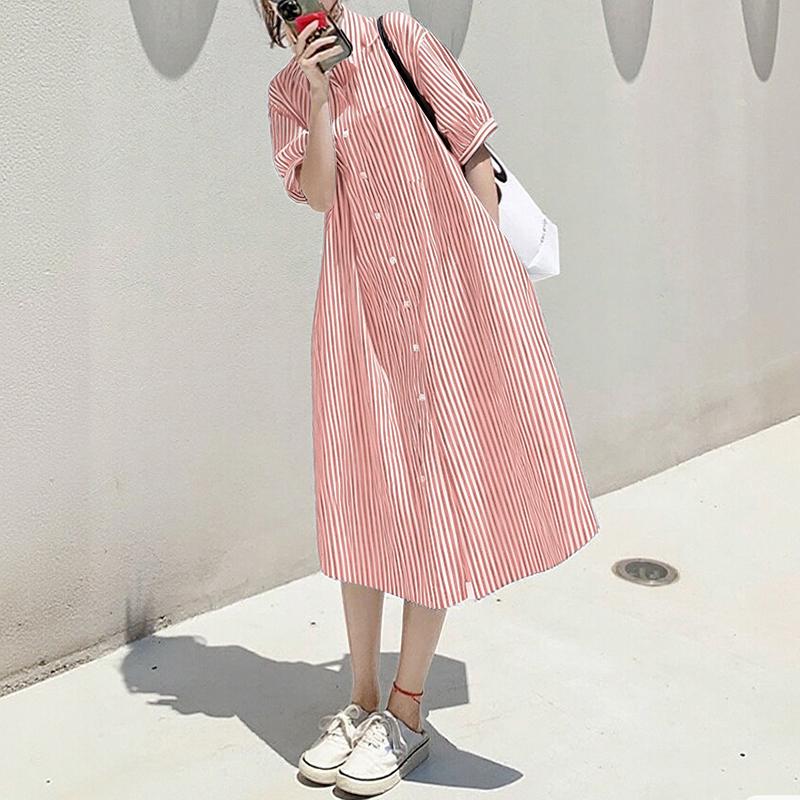 ZANZEA Women Casual Turn Down Collar Summer Short Sleeve Stripe Shirt Dress