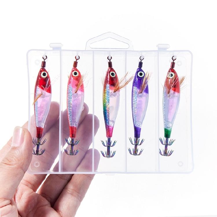 Squid Fishing Lure Set with 5 Solid Forms, Reflective Finish, Horizontal Sinking Action, Feather Skirts and Tail Point Design for Shoreline Use